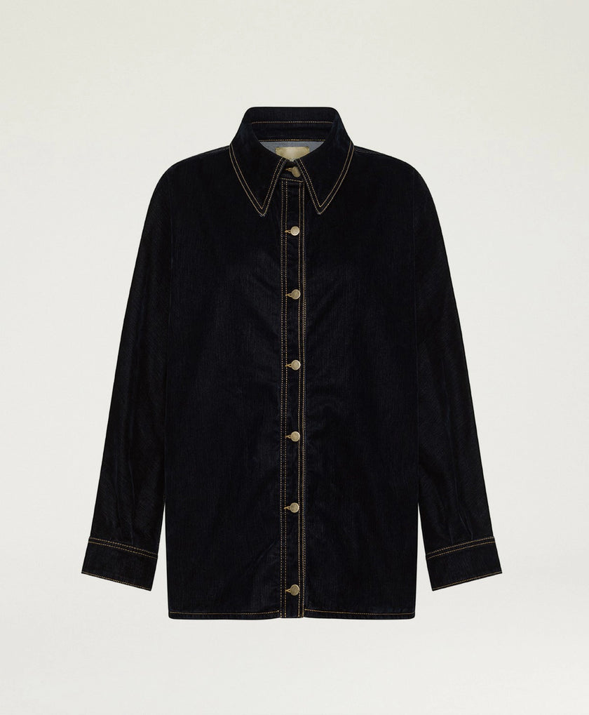 MANCHESTER Coat in Stretch Flocked Denim – Blue – Momonì