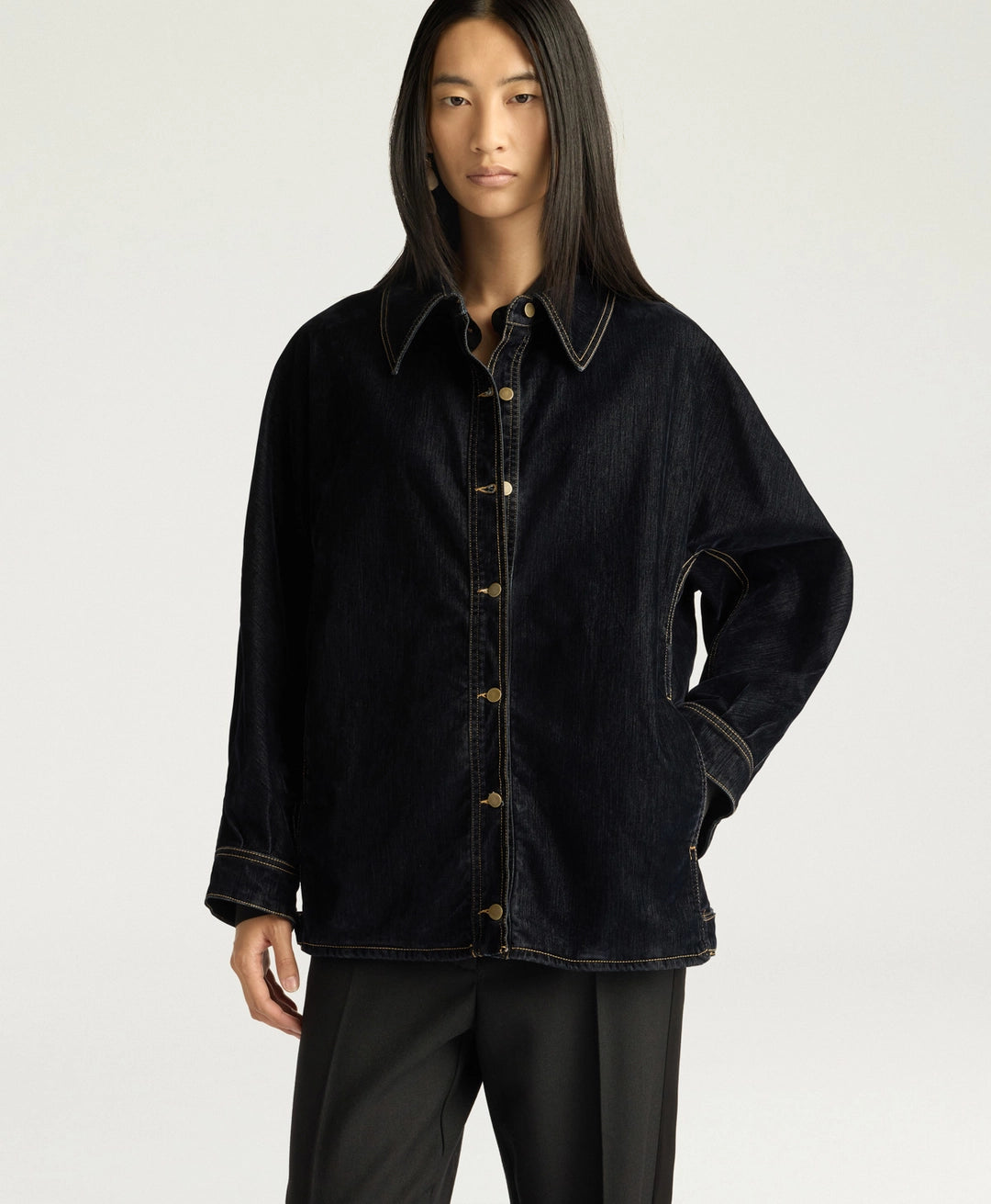 MANCHESTER Coat in Stretch Flocked Denim – Blue – Momonì