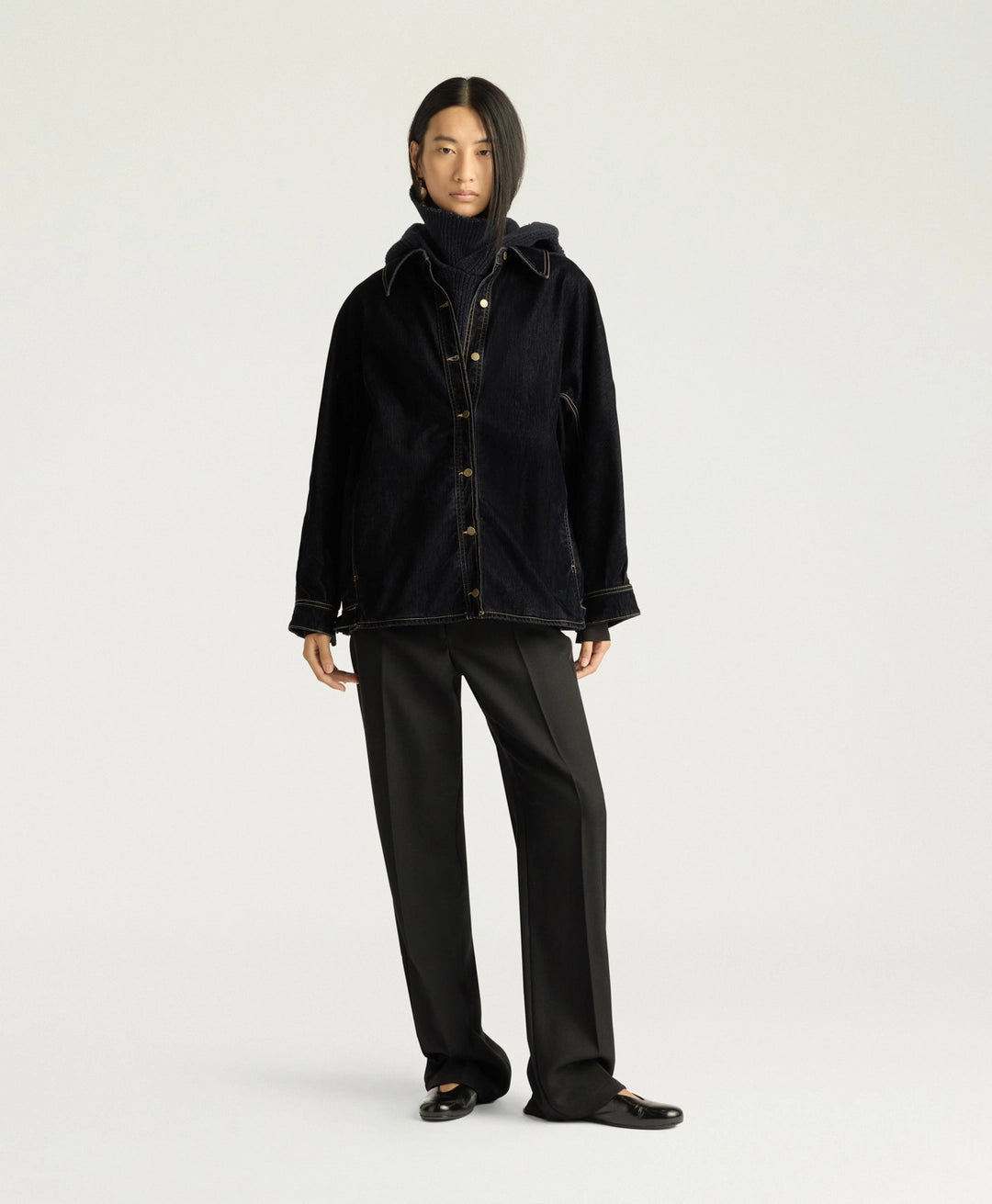 MANCHESTER Coat in Stretch Flocked Denim – Blue – Momonì