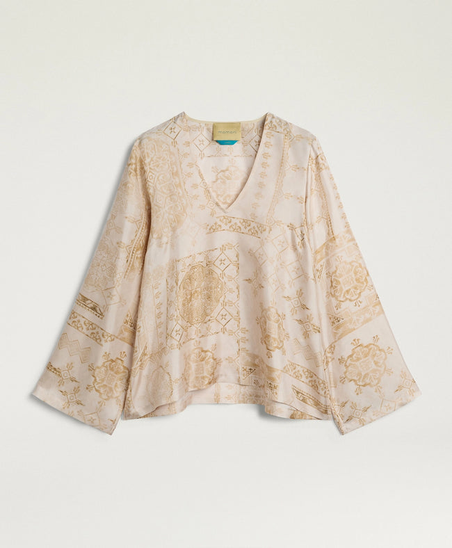 Joya Bluse aus bedrucktem Seidentwill – Creme/Senffarbe – Momonì