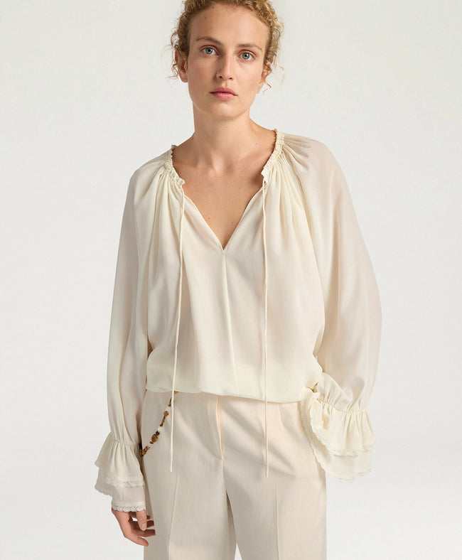 Mendoza Bluse aus sandgewaschener Seide – Creme – Momonì