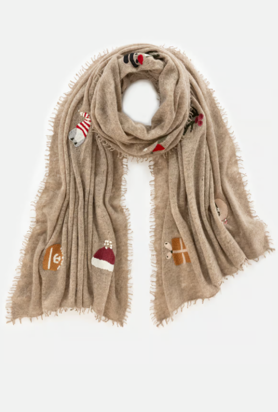 Cashmere Scarf mit Handstickerei – Weihnachtsedition – Dark Beige Melange - Mouleta