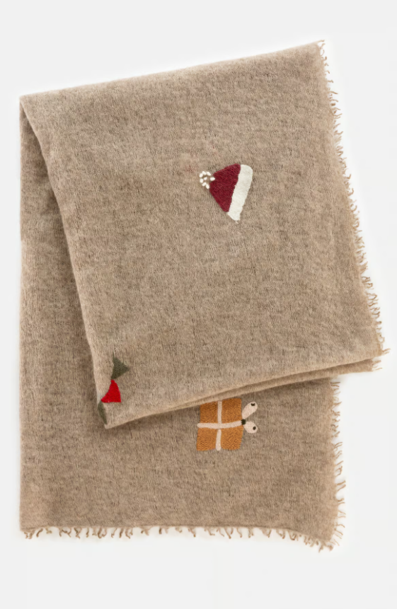 Cashmere Scarf mit Handstickerei – Weihnachtsedition – Dark Beige Melange - Mouleta