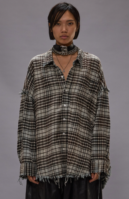 R13 Shredded Seam Drop Neck Shirt – Blue/Grey Plaid
