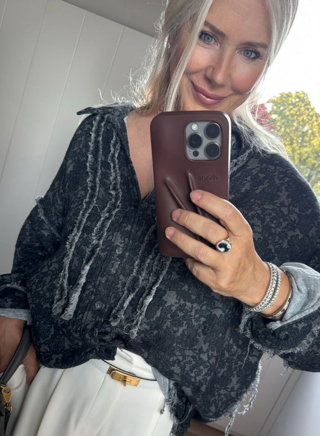 Shredded Seam Ruffle Shirt black lace