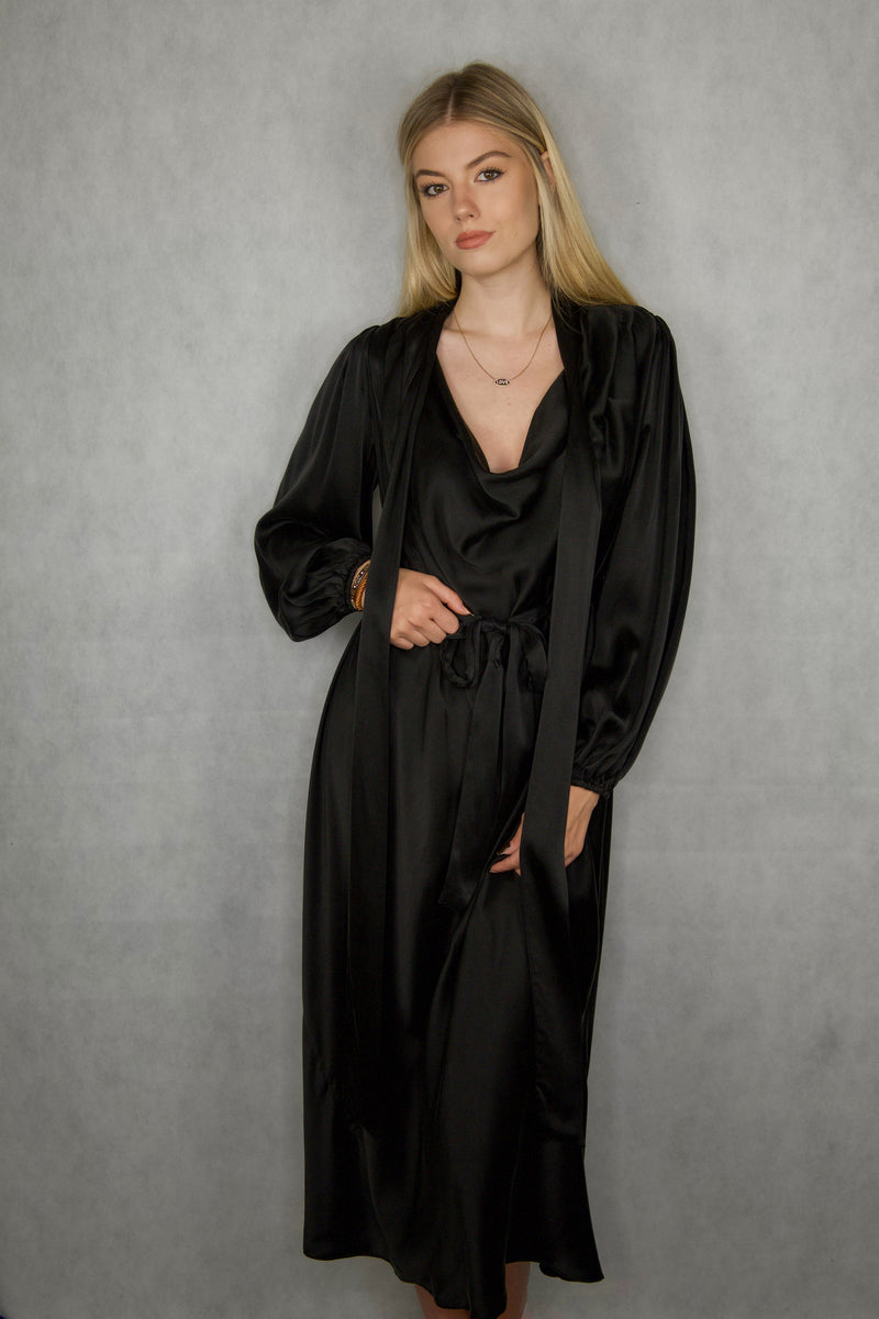 Zimmermann Kleid Seide lang schwarz mit Gürtel Ausschnitt